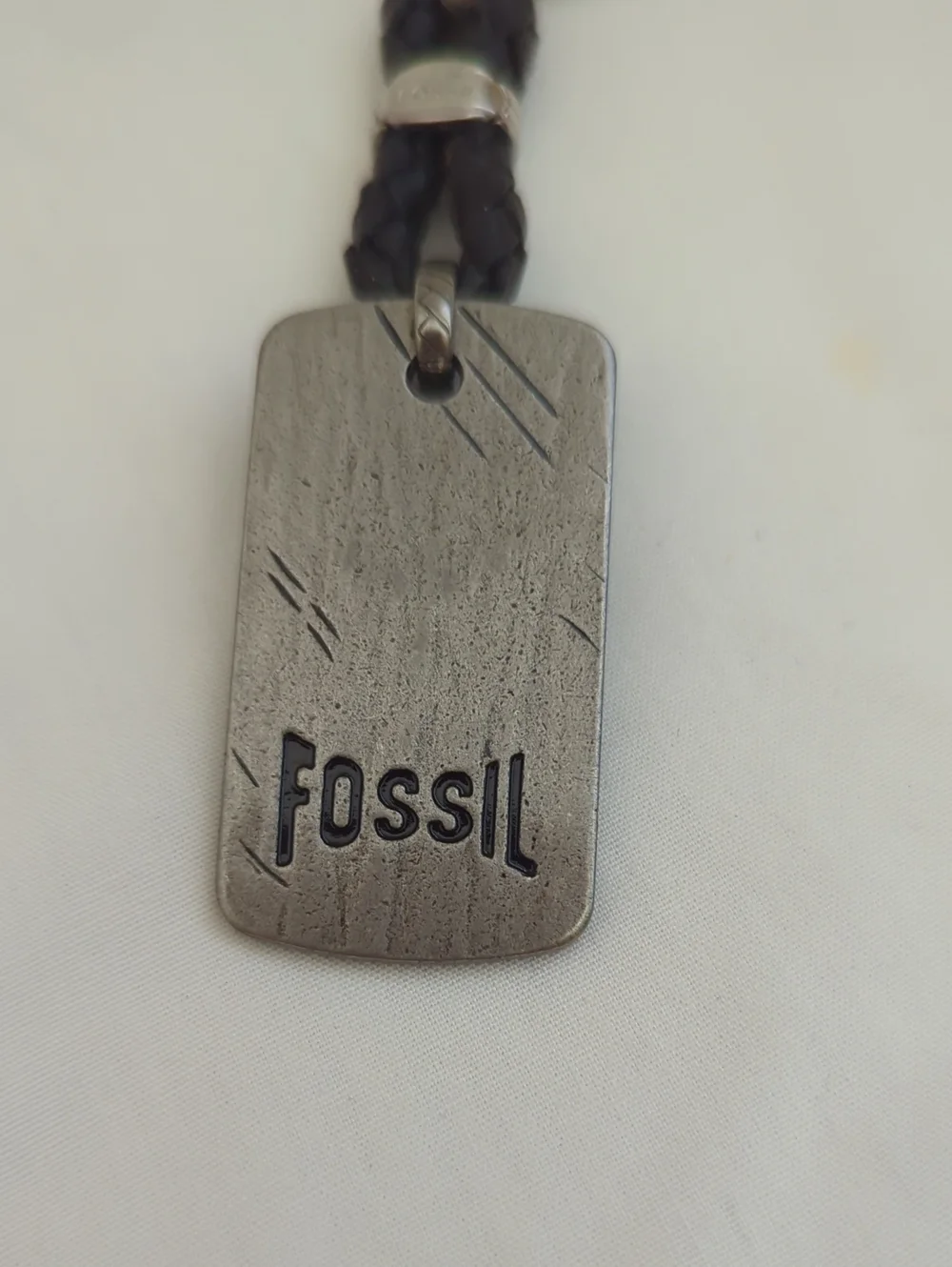 Fossil Men's Black Braided Leather Keychain with Metal Tag